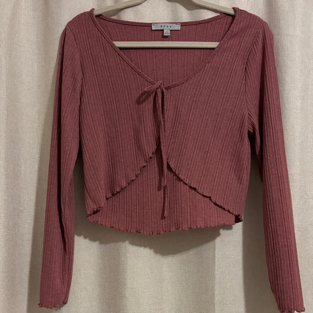 Ribbed Long Sleeve Scalloped Tie Top - Dusty Rose